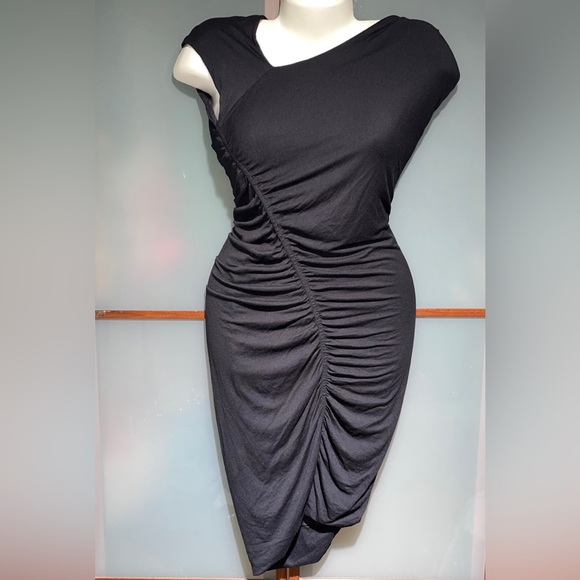 Halston Heritage Asymmetrical Shoulder Ruched Gathered Jersey Stretch Dress S